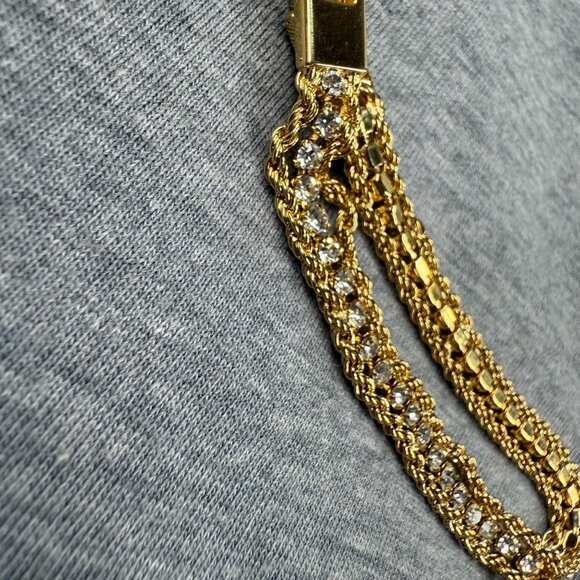 Gold-Tone Double Chain Bracelet Clear Rhinestones Secure Clasp Shine Sparkles - Picture 12 of 16